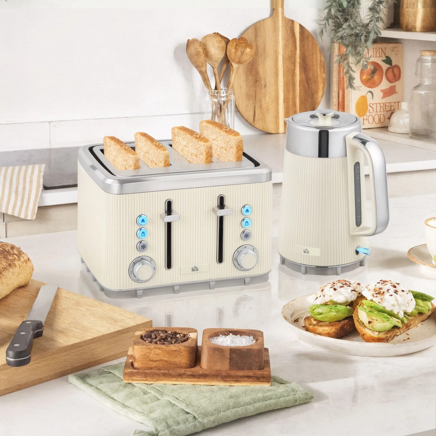 HOMCOM Wasserkocher-Toaster-Set Edelstahl Kunststoff 21,2L x 15,5B x 25,5H cm Cremeweiß kaufen bei OBI