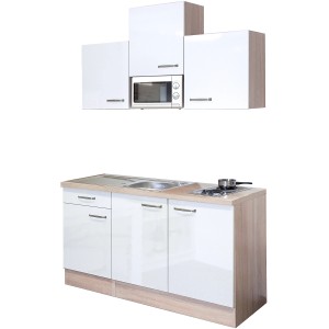 Flex-Well Singleküche Valero, 150 cm, weiß/Sonoma Eiche, mit Kochfeld, Spüle und Mikrowelle.