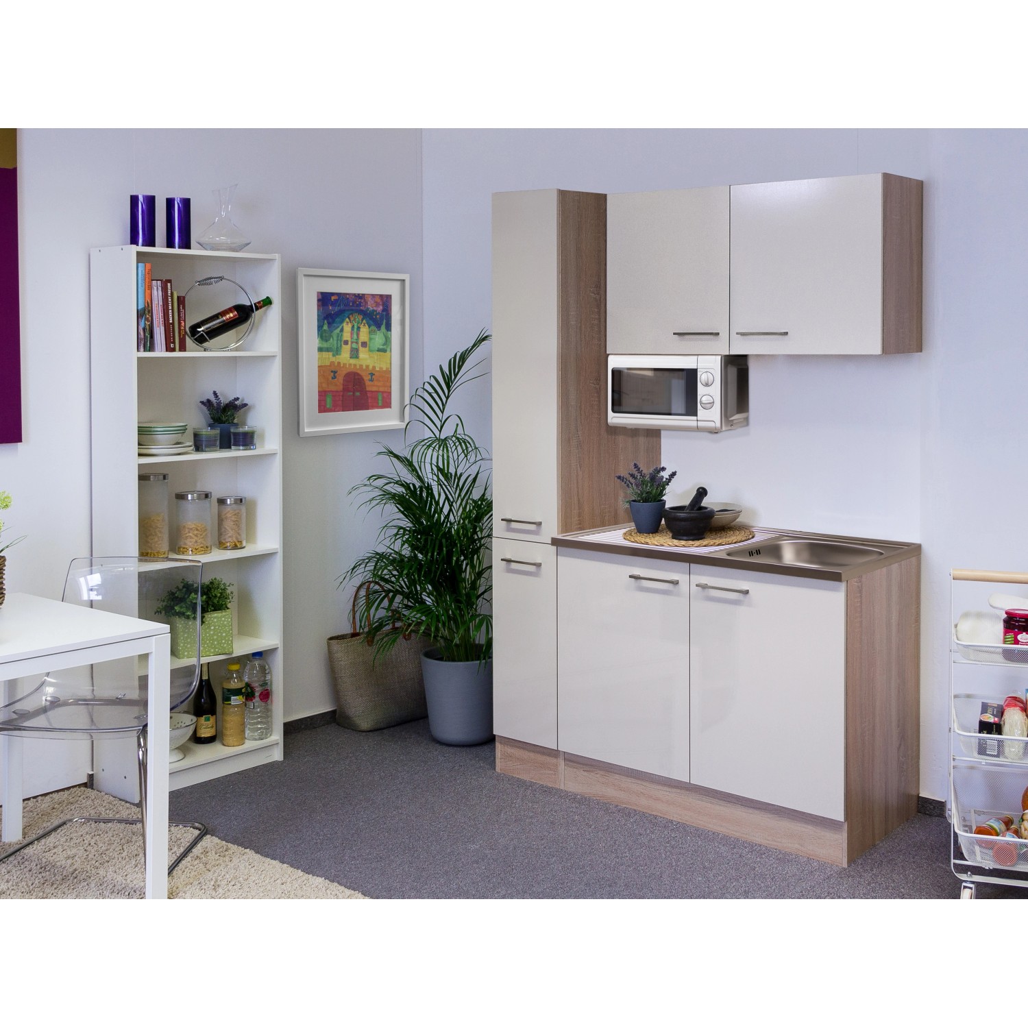 Flex-Well Singleküche 130 cm in Kaschmir Glanz/Sonome Eiche mit Mikrowelle und Spüle.