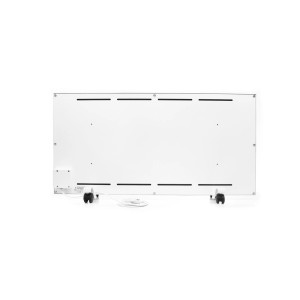 Weiße Ximax Infrarotheizung mobil mit Rollen, Thermostat, 50x100 cm, 750 Watt. Heizkörper Rückansicht.