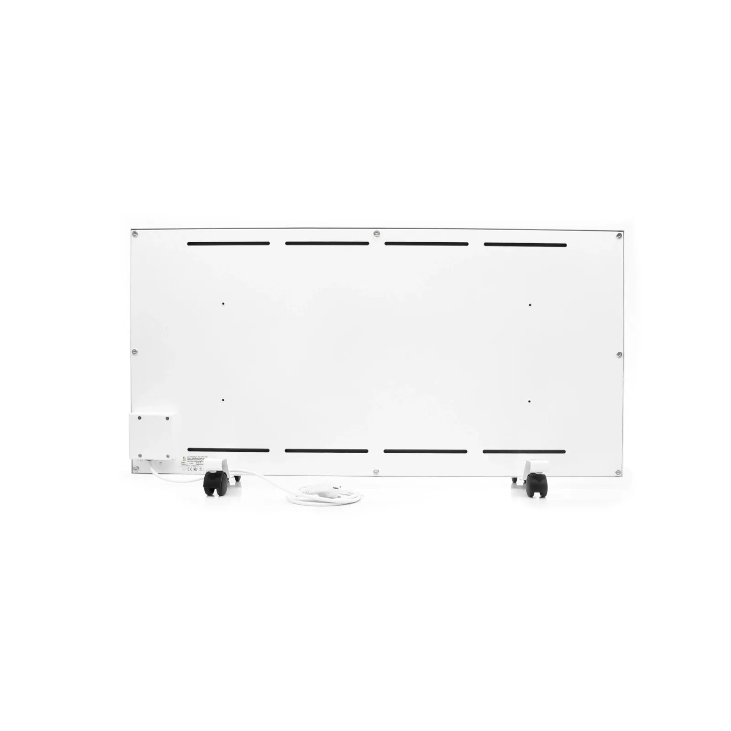 Weiße Ximax Infrarotheizung mobil mit Rollen, Thermostat, 50x100 cm, 750 Watt. Heizkörper Rückansicht.