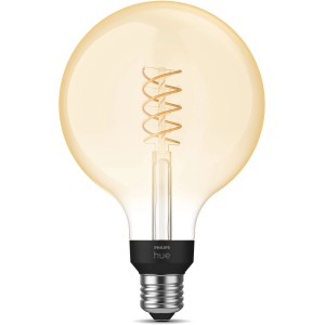 Philips Hue LED-Lampe E27 White Filament G125, warmweißes Licht im Retro-Look.