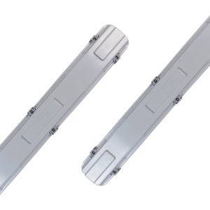 Graue LED-Feuchtraumleuchte mit 2 Röhren (je 9W) für z.B. Keller oder Garage.