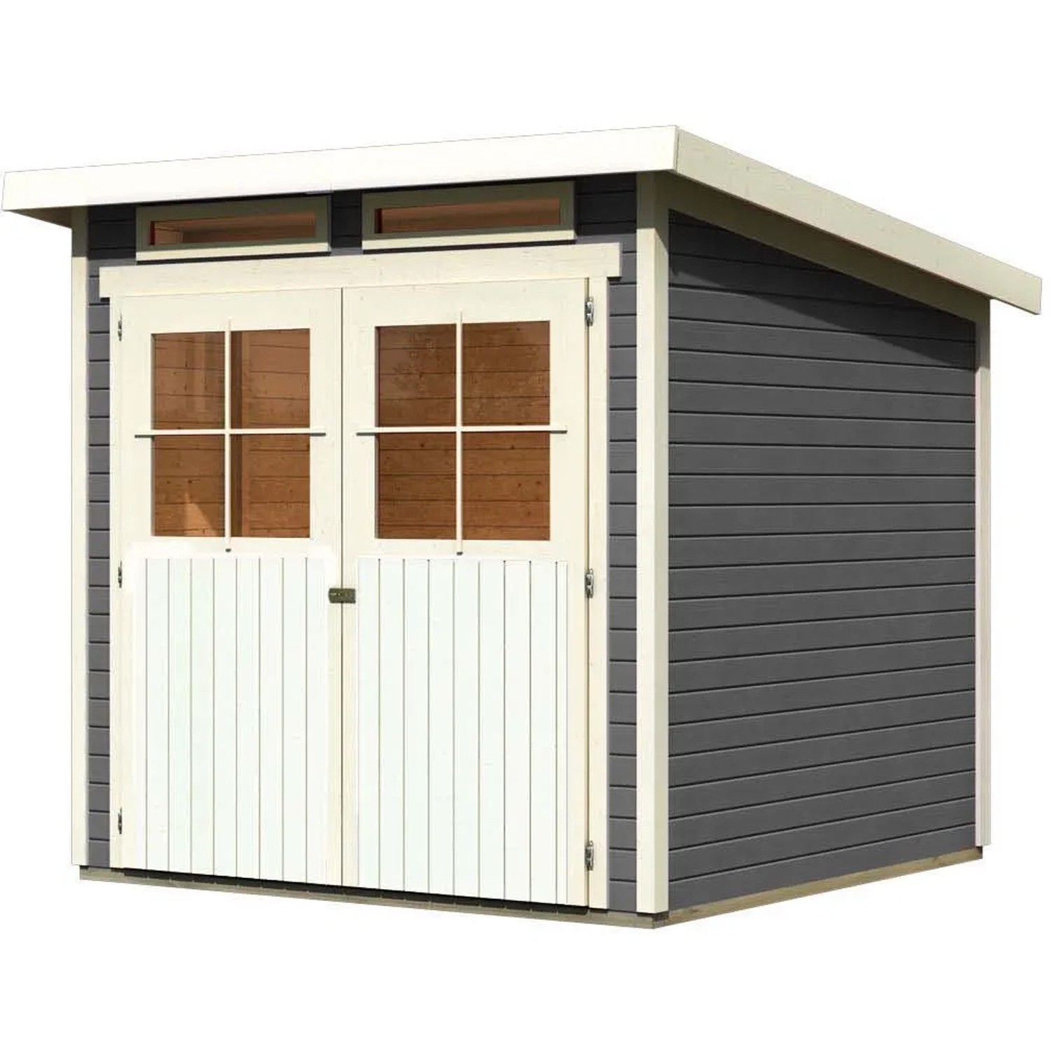 Karibu Holz-Gartenhaus Egersund, terragrau, mit Pultdach und Doppeltür. Ideal zur Geräteaufbewahrung.