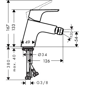 Technische Zeichnung: Hansgrohe Focus Bidetarmatur Chrom mit Maßen und Anschlüssen.