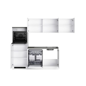 Moderne Winkelküche Gera in Weiß/Beton mit E-Geräten wie Backofen und Geschirrspüler.