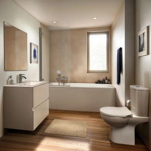 Ideal Standard WC-Paket Stand-WC RimLS+ Weiß im Badezimmer mit Badewanne und Waschtisch.
