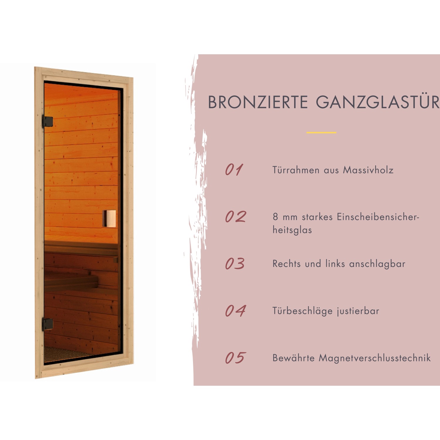 Saunatür: Bronzierte Glastür mit Holzrahmen für Woodfeeling Sauna Antonia.