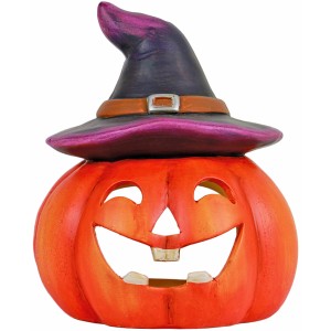 Buntes Windlicht Kürbishexe, 21x21x17cm, aus Keramik für Halloween Deko.