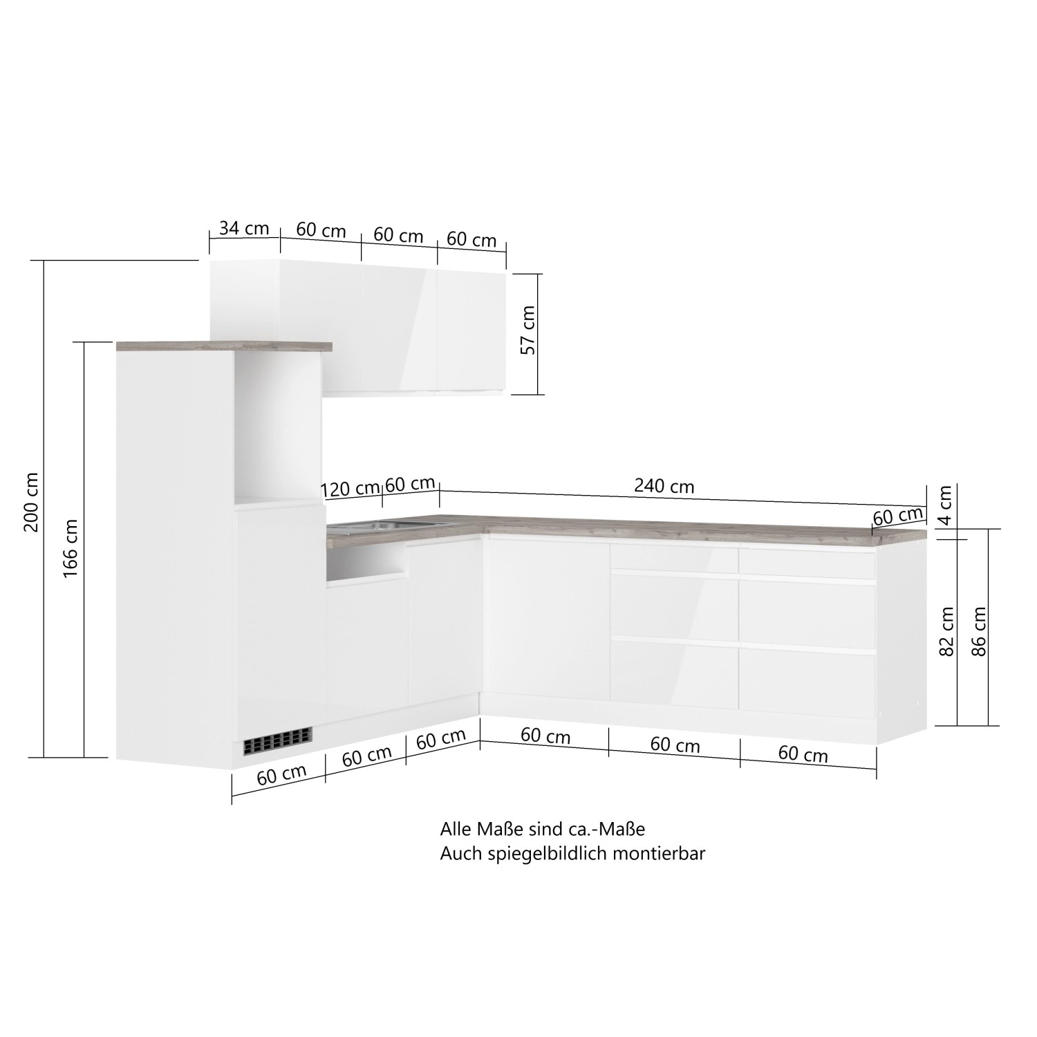 Held Winkelküche Gera 240 cm in Weiß/Beton, Küchenzeile ohne E-Geräte mit Maßangaben.