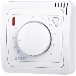 Funk-Raumthermostat BT010 Analog zur Heizungs-Installation mit Drehregler und LED-Anzeige.