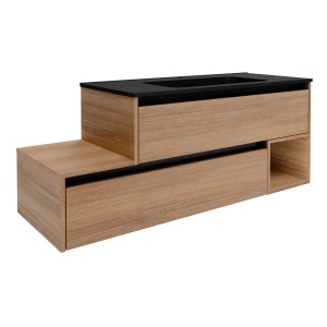 Fackelmann Waschbeckenunterschrank Vita, Eiche/Schwarz, 128,5 cm breit, mit Schubladen und offenem Fach.