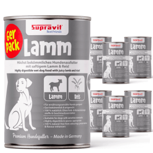 Supravit Hundenassfutter Lamm & Reis im 6er Pack. Graue Dosen mit Hundemotiv, hochbekömmliches Nassfutter.