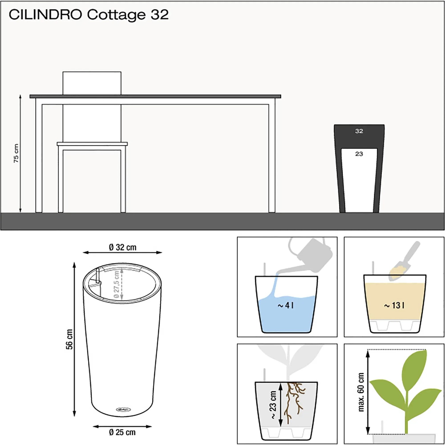 Lechuza Cilindro Cottage Pflanzsäule, lichtgrau, Ø 32cm, mit Maßen und Füllmengen.