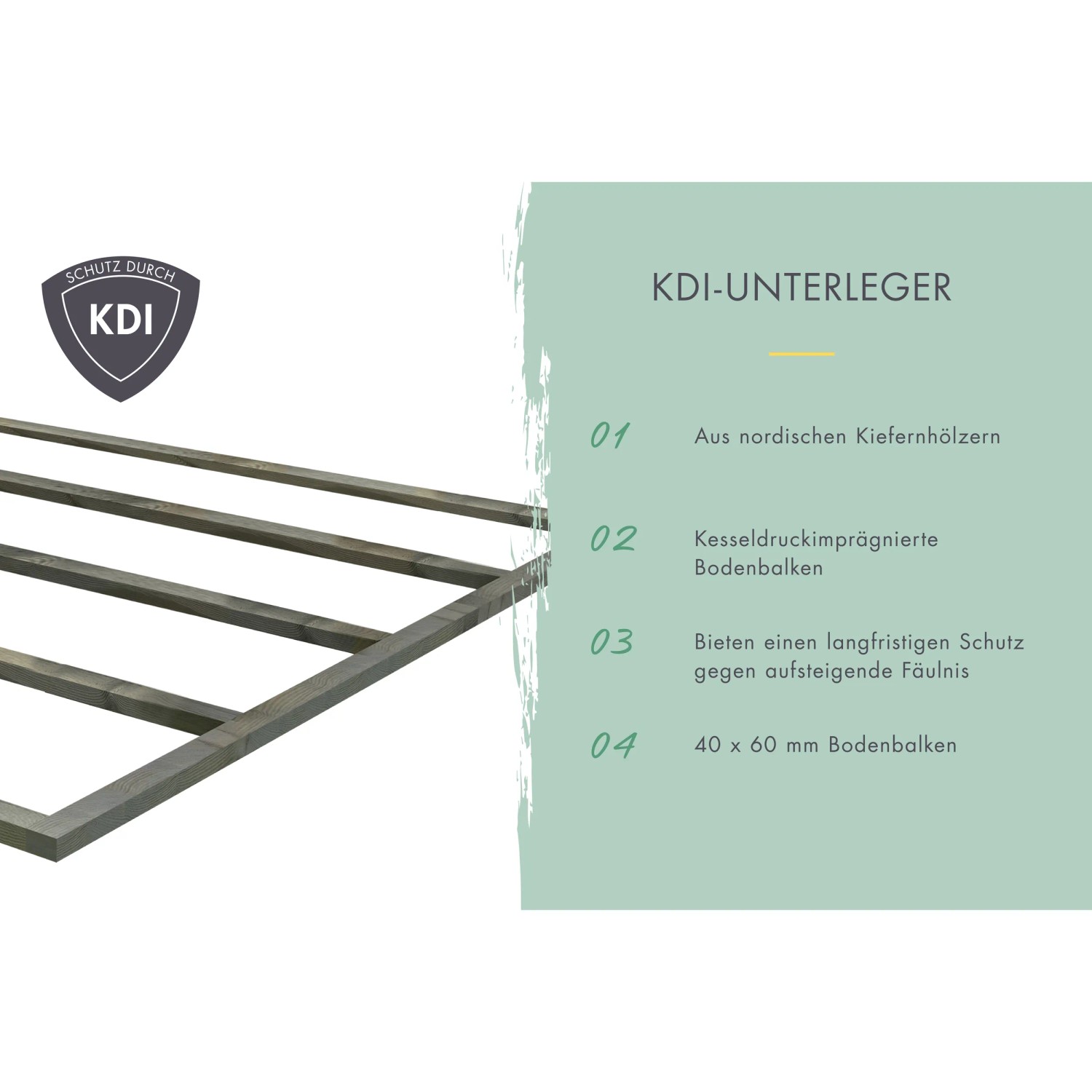 KDI-Unterleger für Karibu Gartenhaus: Kesseldruckimprägnierte Bodenbalken aus Kiefernholz schützen vor Fäulnis.