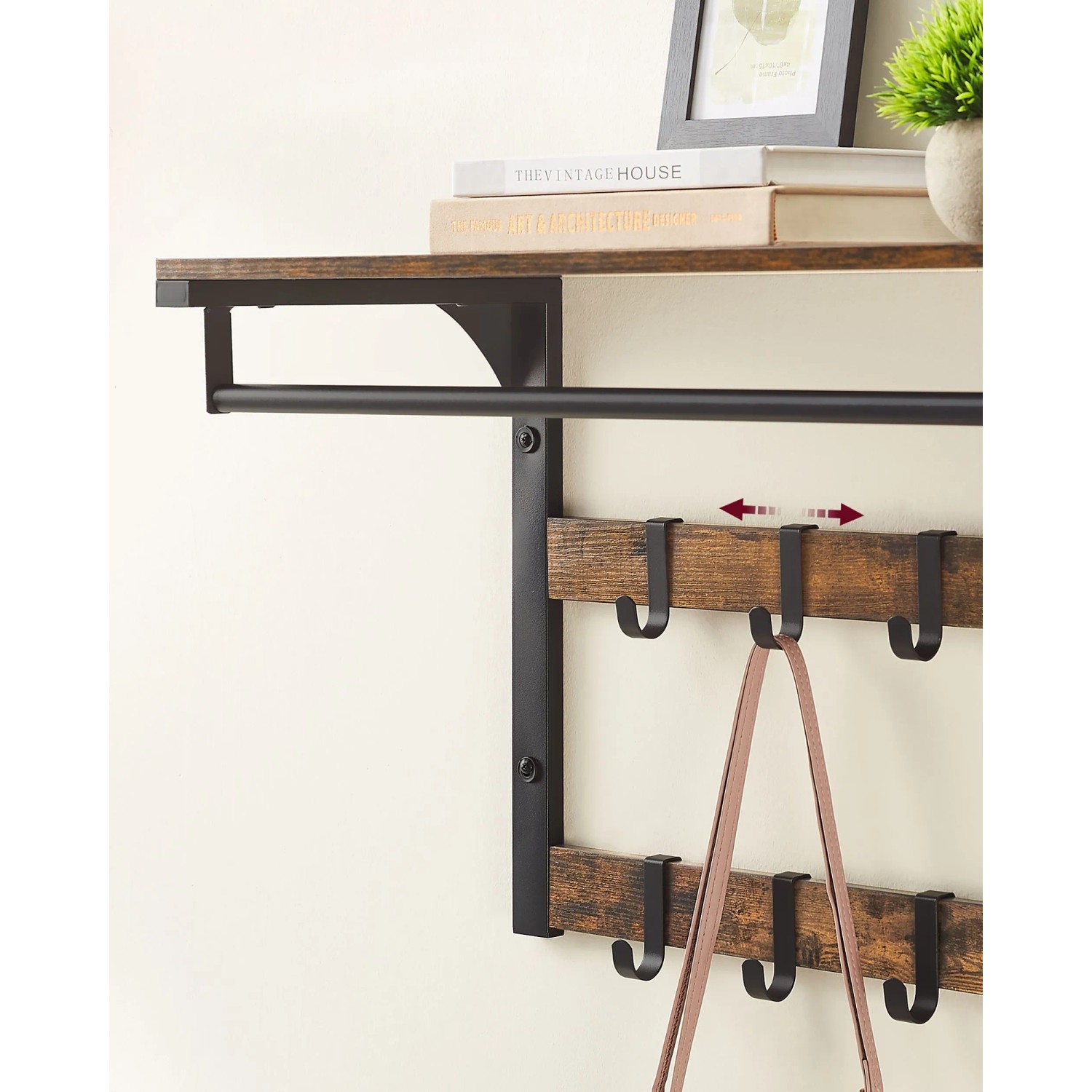 Songmics Wandgarderobe Barnet-old mit Ablage, Kleiderstange und 10 Haken in Braun und Schwarz.