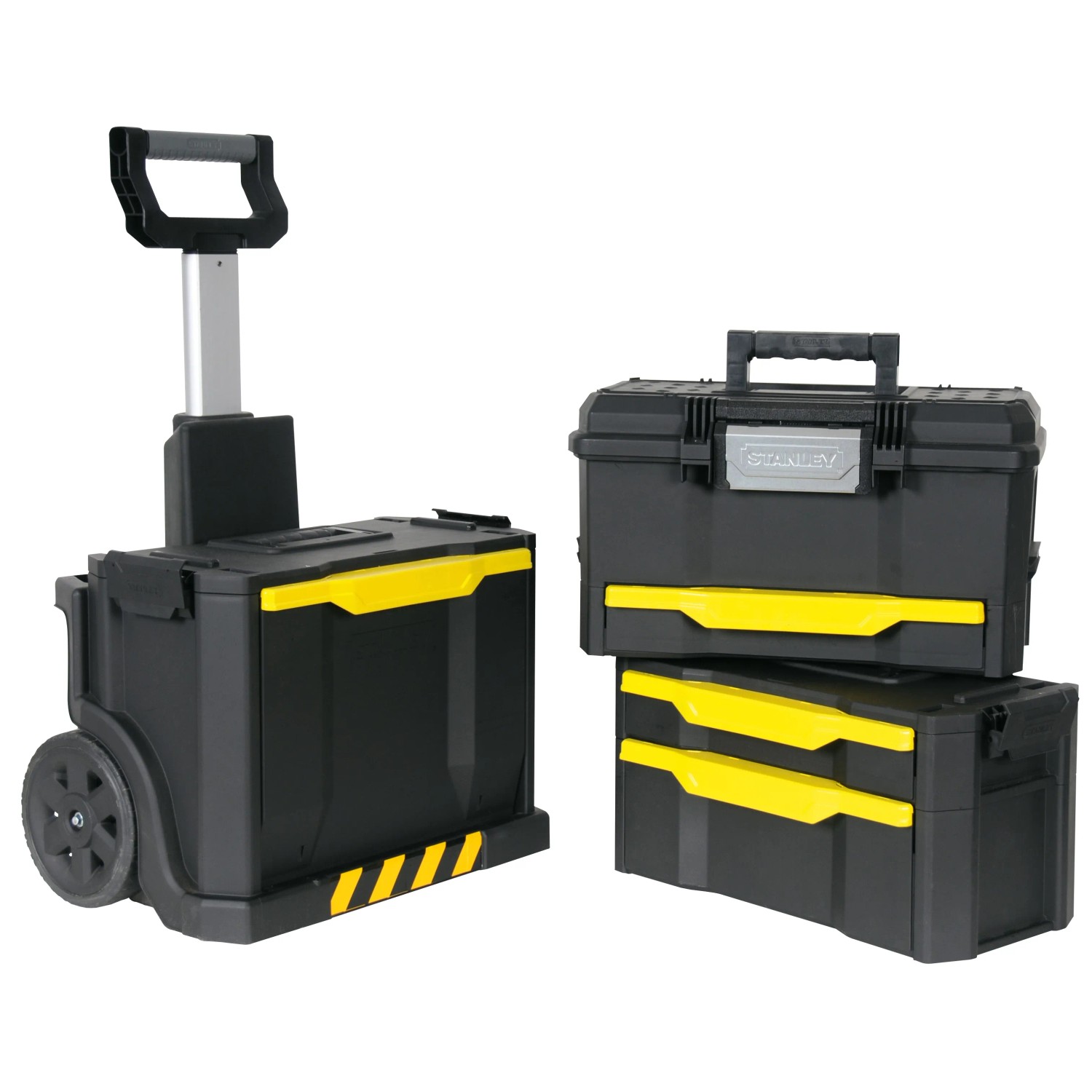 Stanley Werkstattwagen, rollend und modular aufgebaut, mit Werkzeugboxen und Schubladen in Schwarz/Gelb.