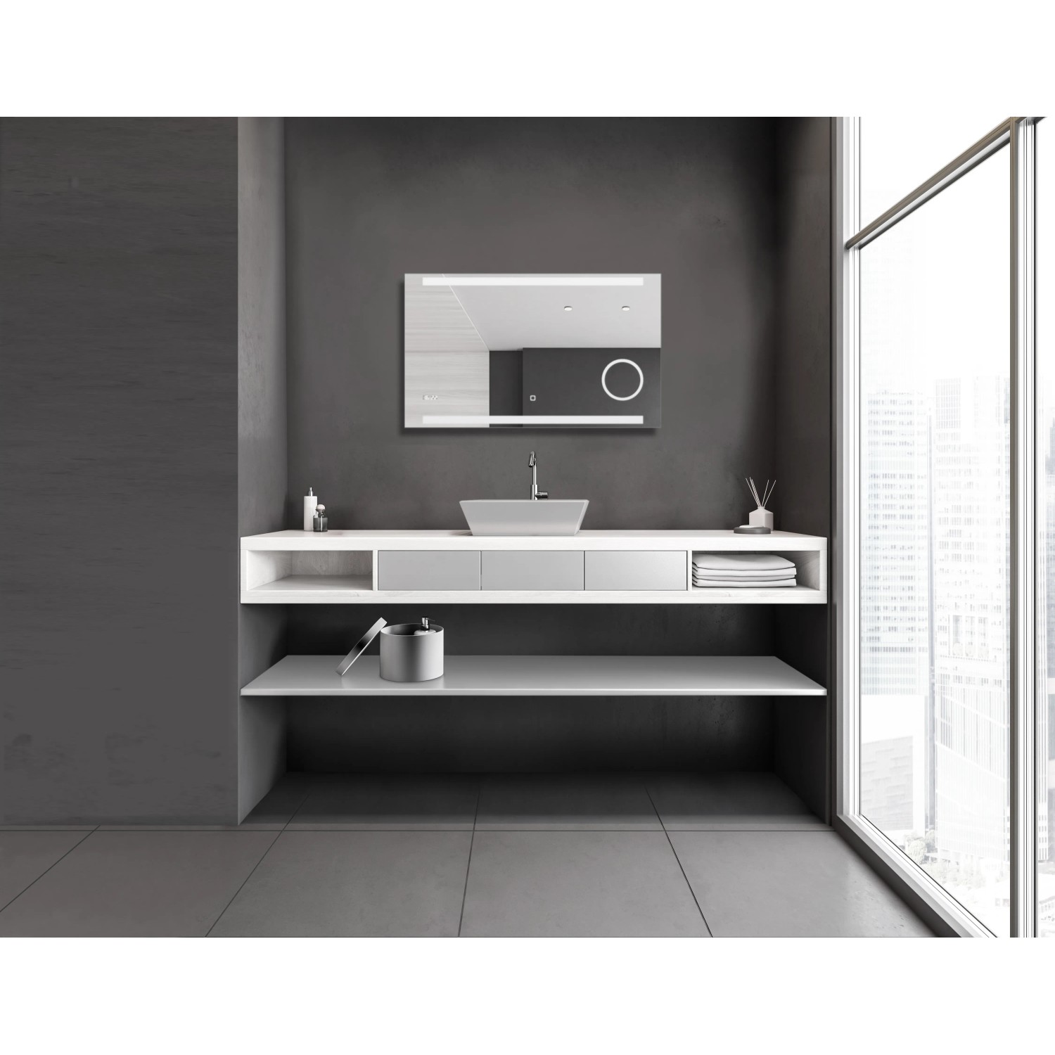 DSK Design LED-Lichtspiegel Silver Conde, 100x60 cm, mit Digitaluhr und Kosmetikspiegel.