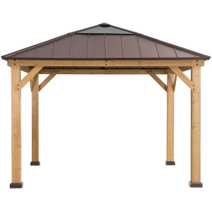 Sunjoy Pavillon Pirin aus Zedernholz, 336x336 cm, braunes Dach und Holzrahmen.