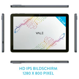 Vale Tablet V10A-464, 64 GB, Android 15, graues ABS-Gehäuse, 25,6 cm (10 Zoll) Display.