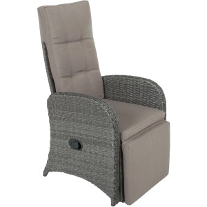 Grauer Relaxsessel Salerno (2er-Set) aus Polyrattan mit verstellbarer Rückenlehne und Fußstütze.