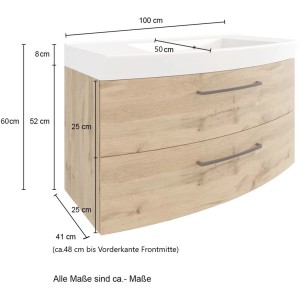 Held Möbel Waschtisch Florenz, 100 cm, Wotaneiche mit Mineralgussbecken und Maßen.