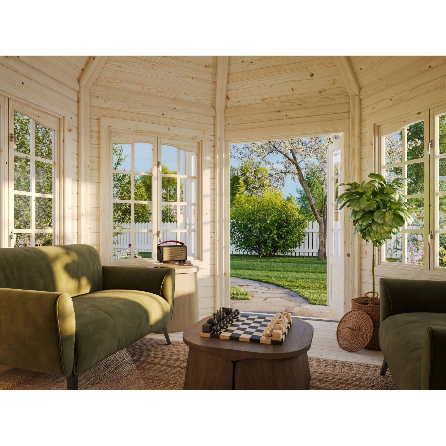 Innenansicht Palmako Holz-Pavillon Veronica 4: Unbehandelte Gartenlaube mit Möbeln und Blick in den Garten.