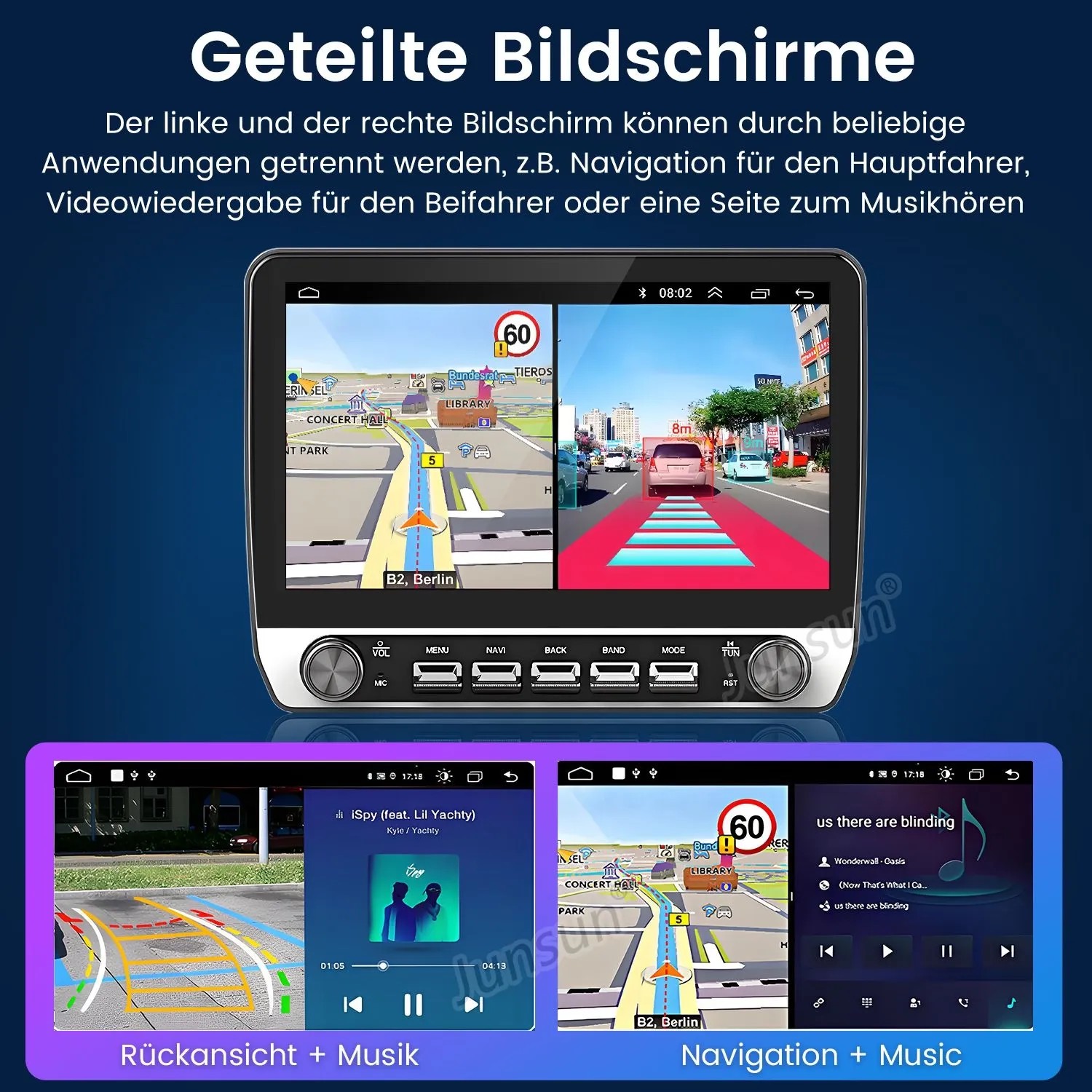 10 Zoll Junsun Autoradio mit geteiltem Bildschirm: Navigation, Rückfahrkamera und Musik gleichzeitig. HD Touchscreen.