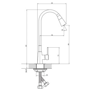 Technische Zeichnung der Inter Ceramic Küchenarmatur Havanna. Einhebelmischer mit flexiblem Auslauf und Maßen.
