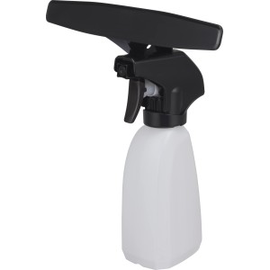 Sprühflasche, Teil des Akku-Fenstersauger Sets, mit schwarzem Sprühkopf und transparentem Behälter.