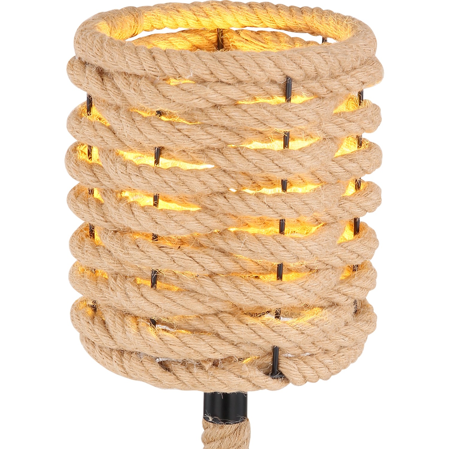 Globo Tischleuchte Halia, schwarzes Metall, Lampenschirm aus Hanfseil.