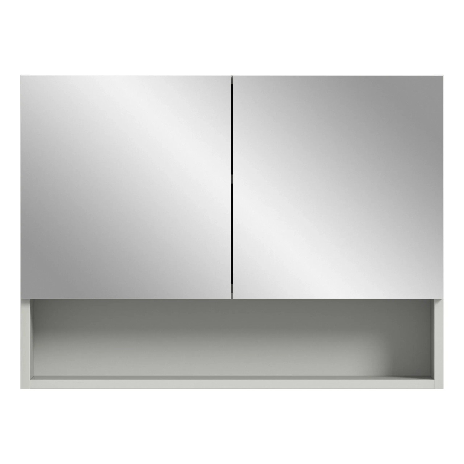 Hellgrauer Spiegelschrank (74x55x17cm) mit zwei Spiegeltüren und offenem Fach.