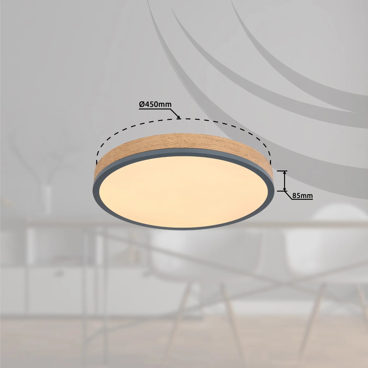 Runde Globo LED-Deckenleuchte Doro in Graphit und Holzoptik, 450x85mm, für warmweißes Licht.