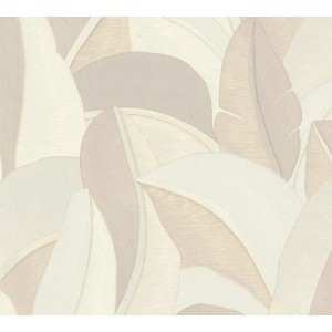 Dekorative Vliestapete mit Palmenblätter-Muster in Creme-Weiß, Beige, 3D-Effekt und dezentem Metallic-Glanz.
