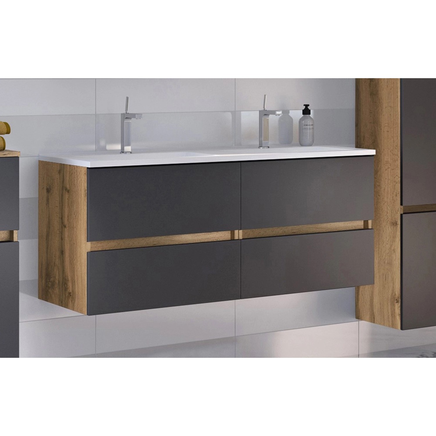 Held Möbel Doppelwaschtisch Bari, 120 cm, Grau Matt, mit Softclose. Badmöbel mit vier Schubladen und Holzoptik.