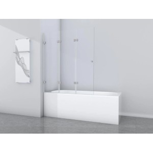 Aurlane Badewannenfaltwand Silver Elegance, 120x140 cm, Chrom, 3-flügelig auf Badewanne montiert.