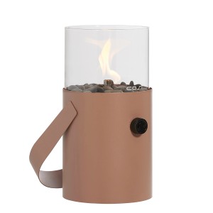 Cosi Original Tisch-Gaslaterne Cosiscoop Soft Terra mit Flamme, Glas, Kieselsteinen und Griff. Für Terrasse.