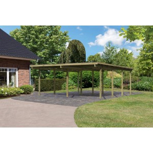 Karibu Doppelcarport Eco aus Holz mit PVC-Dachplatten im Garten.