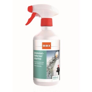 OBI Schimmel-Entferner chlorfrei 500 ml in weißer Sprayflasche mit rotem Sprühkopf. Vernichtet Schimmel, Algen und Bakterien.