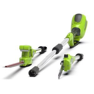 Greenworks Akku-Heckenschere und Hochentaster G40PSH 40 V Solo mit zwei Aufsätzen und Verlängerung.