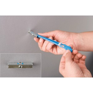 Knauf Klappdübel für Gipskartonplatten, 2er-Set, Anwendung an Wand, Decke und Detailansicht.