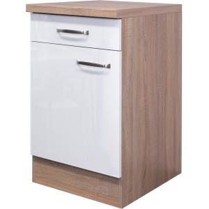 Flex-Well Unterschrank Valero, 50 cm, Hochglanz Weiß/Sonoma Eiche, mit Schublade und Tür.