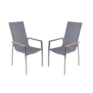 2er Set Garden Pleasure Stapelstühle Pavia, grau-schwarz, mit Teakholz-Armlehnen.