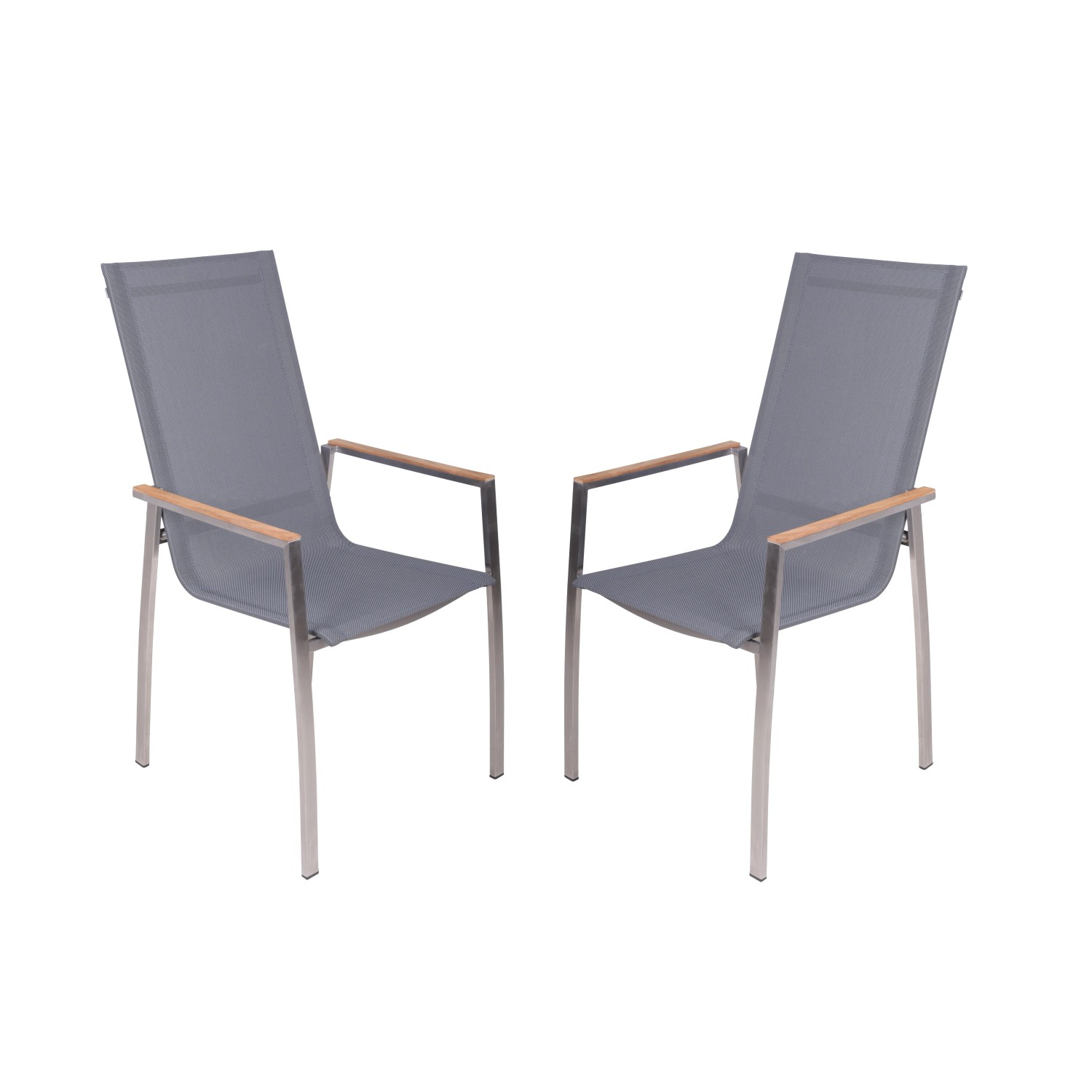 2er Set Garden Pleasure Stapelstühle Pavia, grau-schwarz, mit Teakholz-Armlehnen.