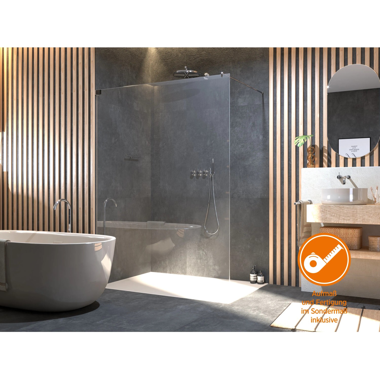 Moderne, rahmenlose Duschabtrennung Brava Walk-In in Chrom, Sondermaßanfertigung.