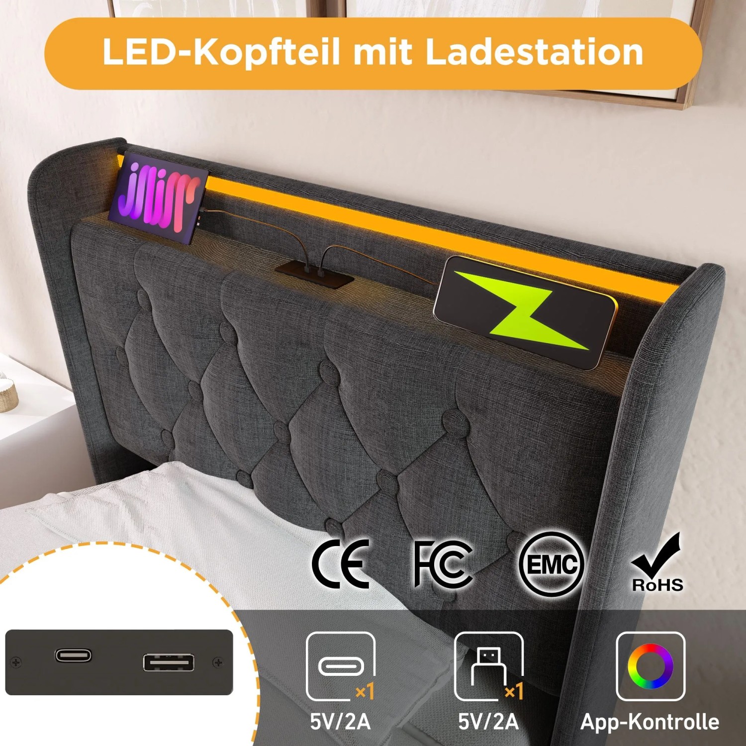 okwish Polsterbett 90x200cm mit LED USB C Einzelbett Grau mit Matratze_8