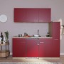 Respekta Küchenzeile KB180ESRC in Rot/Eiche Sonoma, 180 cm breit, mit Glaskeramikkochfeld und Kühlschrank.