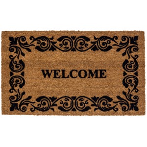 Fußmatte Coco Design Welcome, 45x75 cm, mit schwarzem, floralem Muster und "Welcome" Schriftzug.
