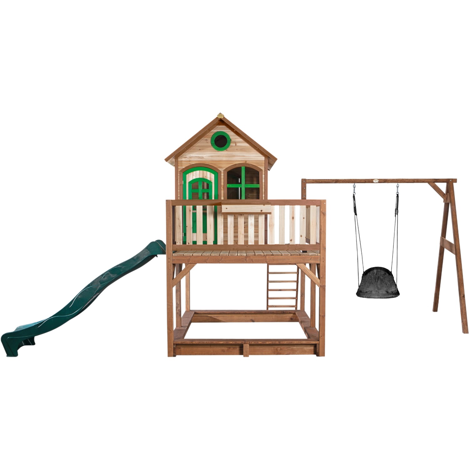 Axi Liam Spielhaus mit Nestschaukel und Rutsche, Holz, braun/grün. Ideal für Kinder zum Spielen und Toben im Garten.