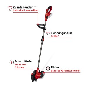 Einhell Akku-Rasenkantenschneider GE-LE 18/190 Li-Solo, rot, mit verstellbarem Zusatzhandgriff und Rädern.